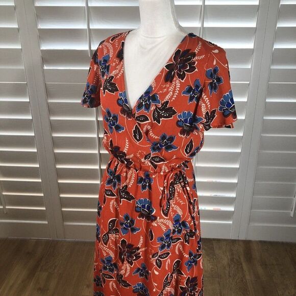 Crescent Surplice Mock Wrap Maxi Dress Small Flutter Sleeve Coral Floral Print - Picture 10 of 12